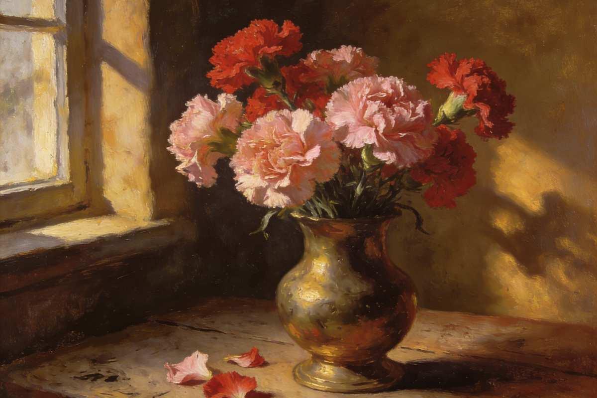 Red and pink carnations in a vintage brass vase with scattered petals — painterly floral still life