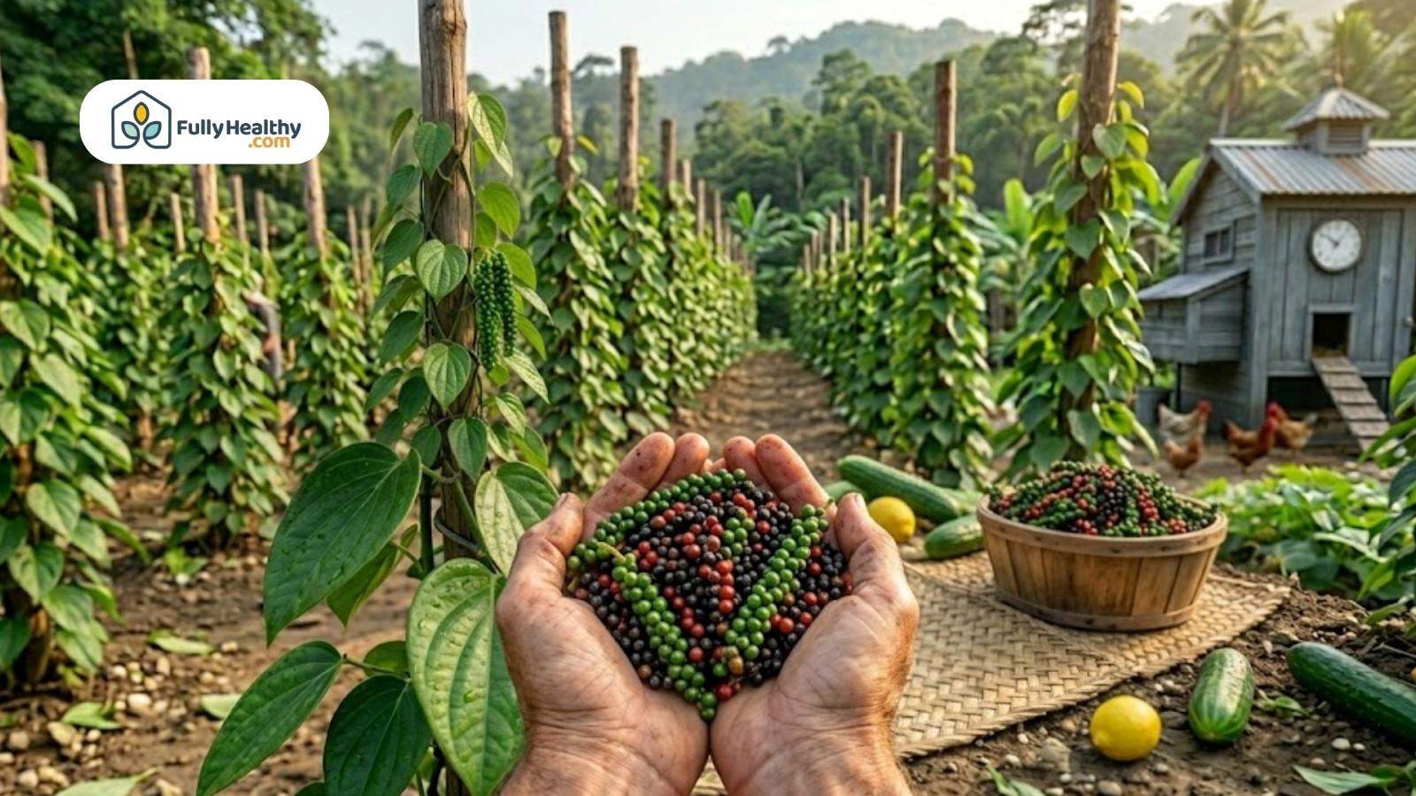 Hands holding mixed peppercorns in heart shape in farm plantation setting