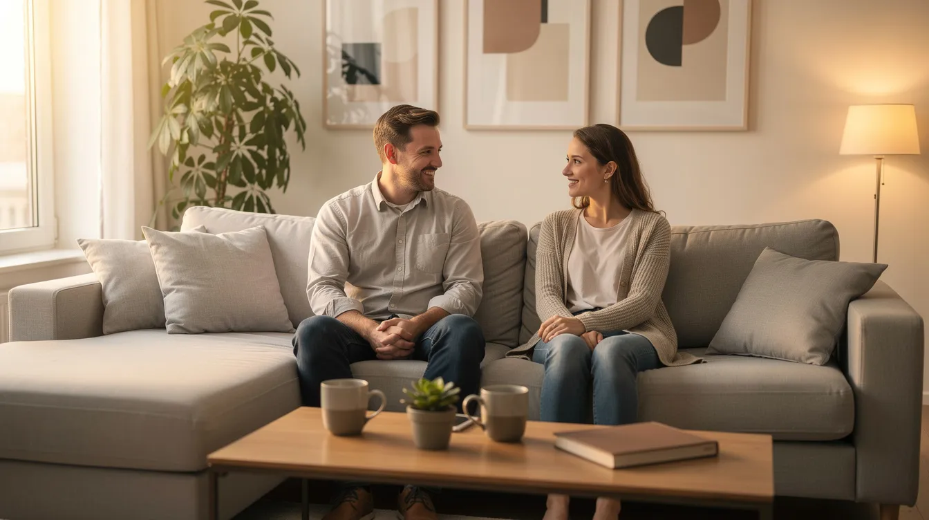 The image depicts two individuals engaged in a calm conversation in a modern living room, creating a warm atmosphere conducive to discussing emotional health and mental health conditions. This setting could symbolize a therapy session where they explore coping skills and challenge unhelpful thought patterns, reflecting the principles of cognitive behavioral therapy.
