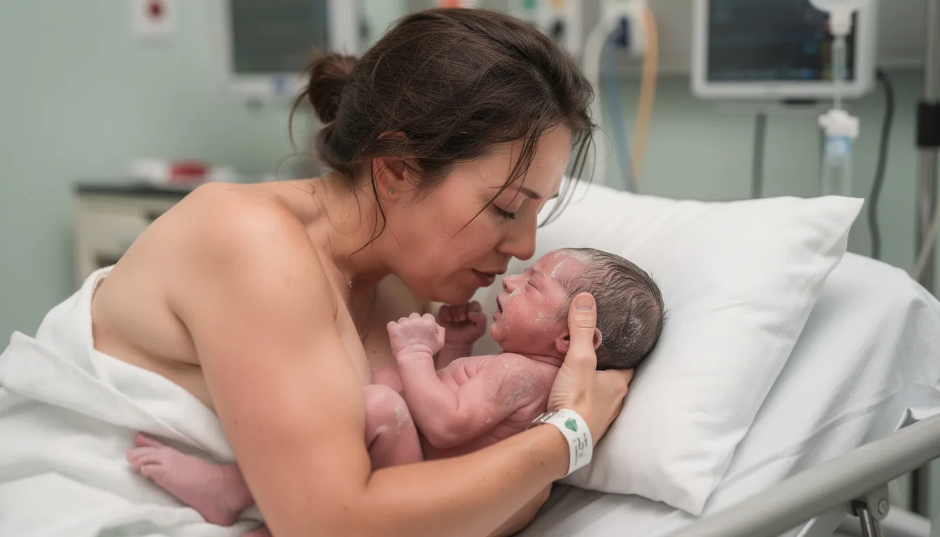 Een moeder houdt haar pasgeboren baby stevig vast in huid-op-huidcontact vlak na de geboorte, terwijl de baby aan de borst drinkt. Dit moment is cruciaal voor het op gang brengen van de melkproductie en het creëren van een sterke band tussen moeder en kind.
