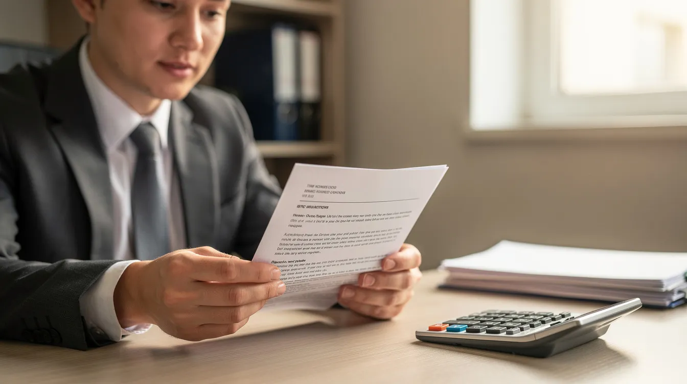 A calm individual is seated at a desk, meticulously reviewing paper documents with a calculator positioned nearby, suggesting a focus on financial matters such as loan applications or debt management. The scene conveys a sense of organization and attention to detail, indicative of someone assessing their financial situation or preparing for a meeting with a 二線 財務 公司.
