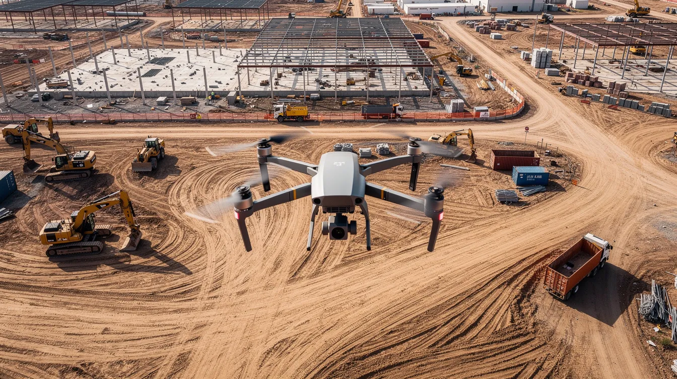 A drone flying above an active construction site with heavy equipment and graded earth below.