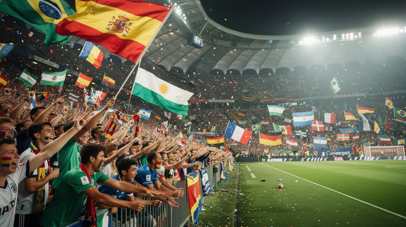 Un grupo de aficionados de fútbol celebra en un estadio, ondeando banderas de diferentes países, mientras disfrutan del ambiente festivo del torneo de la Copa Mundial. La emoción se siente en el aire, reflejando la pasión por el fútbol en este evento global.