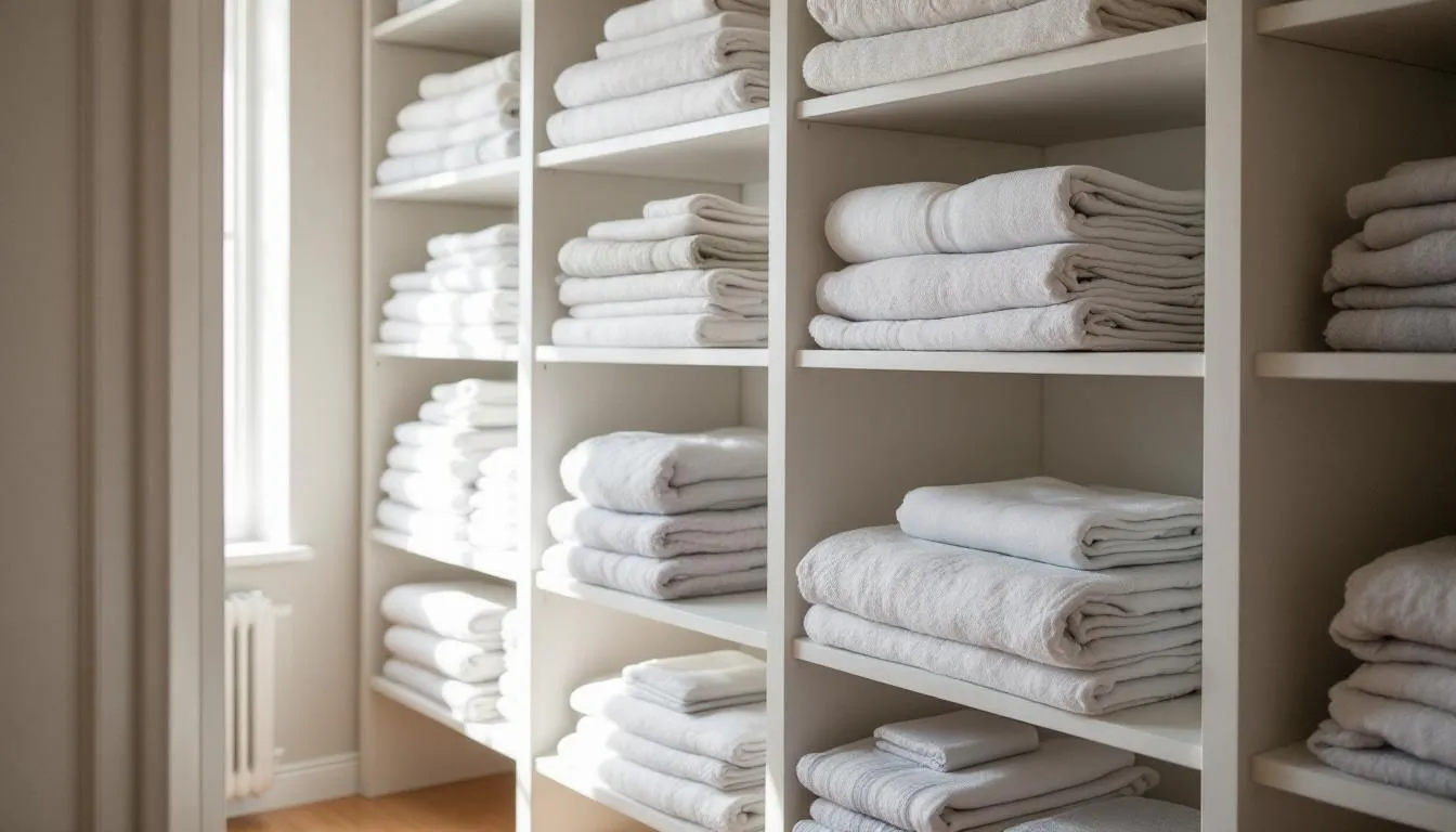 In the image, a well-organized linen storage room is depicted, featuring shelves stocked with neatly folded bath towels, flat sheets, and additional linens, ensuring a high par level for guest rooms. This setup supports efficient hotel operations and enhances the guest experience by providing fresh linens for occupied rooms.