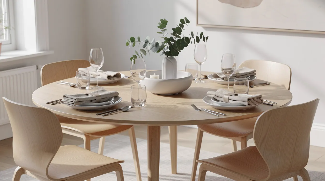 The image features a beautifully styled round dining table, approximately 150cm in diameter, adorned with a minimalist centerpiece and elegant place settings, creating a warm and inviting atmosphere in the dining room. This contemporary furniture piece serves as a focal point, perfect for family gatherings and dining experiences.