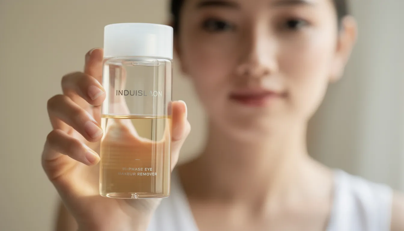 A person is holding a bi-phase eye makeup remover bottle, showcasing the distinct separation of oil and water layers. This perfect eye makeup remover is designed to effectively remove stubborn eye makeup, including waterproof mascara, while being gentle on sensitive skin.