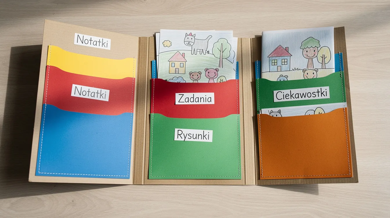 Na obrazku znajduje się gotowy rozkładany projekt lapbooka, kt&oacute;ry składa się z kolorowych kieszonek oraz prostych rysunk&oacute;w. Projekt ten, stworzony z kolorowego papieru, umożliwia młodszym dzieciom porządkowanie informacji na dany temat w atrakcyjny spos&oacute;b.