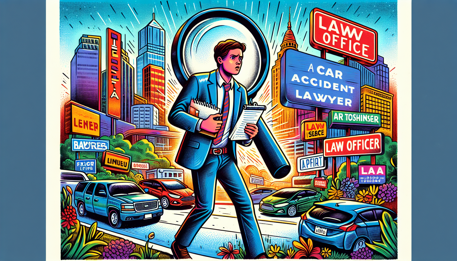 An illustration representing the process of finding the best car accident lawyer in Texas.