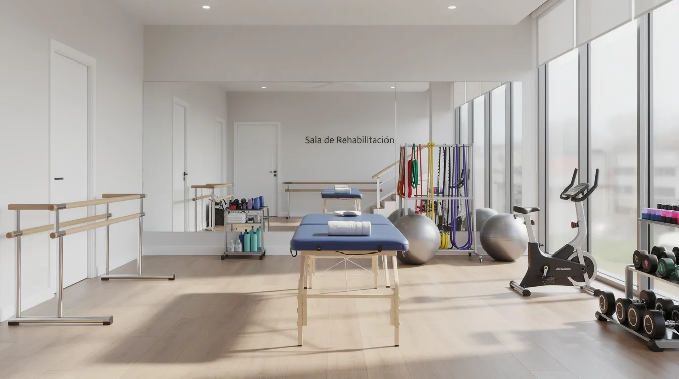 La imagen muestra una sala de rehabilitación equipada con diversos aparatos de terapia física, iluminada por luz natural que entra a través de grandes ventanas. Este espacio es crucial para la recuperación de víctimas de accidentes y lesiones catastróficas, proporcionando un ambiente propicio para la rehabilitación y el tratamiento de lesiones personales.