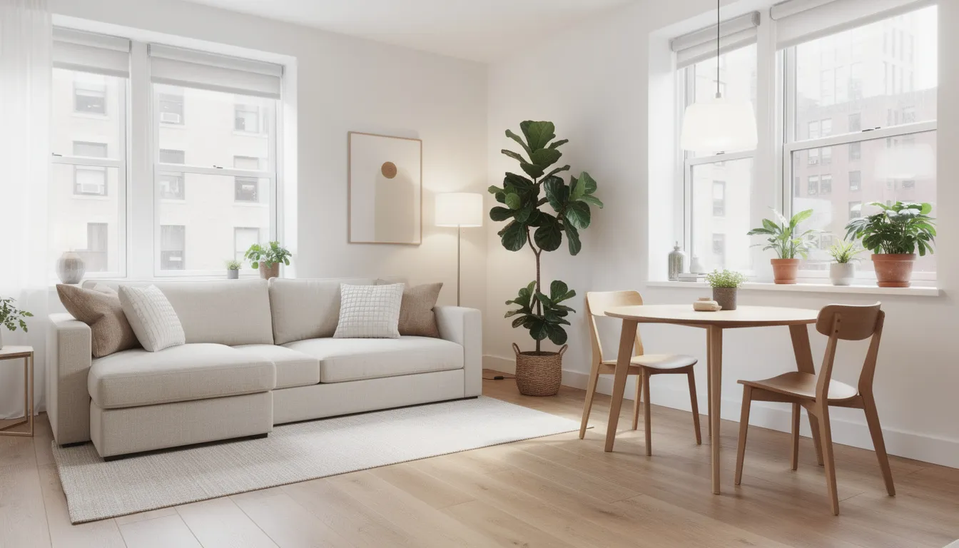 The image depicts a bright and compact city apartment featuring a stylish modular sofa, a round dining table, and lush indoor plants that enhance the biophilic atmosphere. This living space is designed for comfort and style, showcasing affordable furniture options that create a refreshing ambiance.