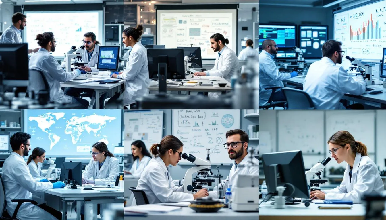 The image depicts scientists in laboratories from various continents collaborating on research related to infectious diseases, highlighting their efforts to prepare for future pandemics. They are seen analyzing important documents and data about pathogens, including human coronaviruses and influenza viruses, to improve public health and disease control strategies globally.