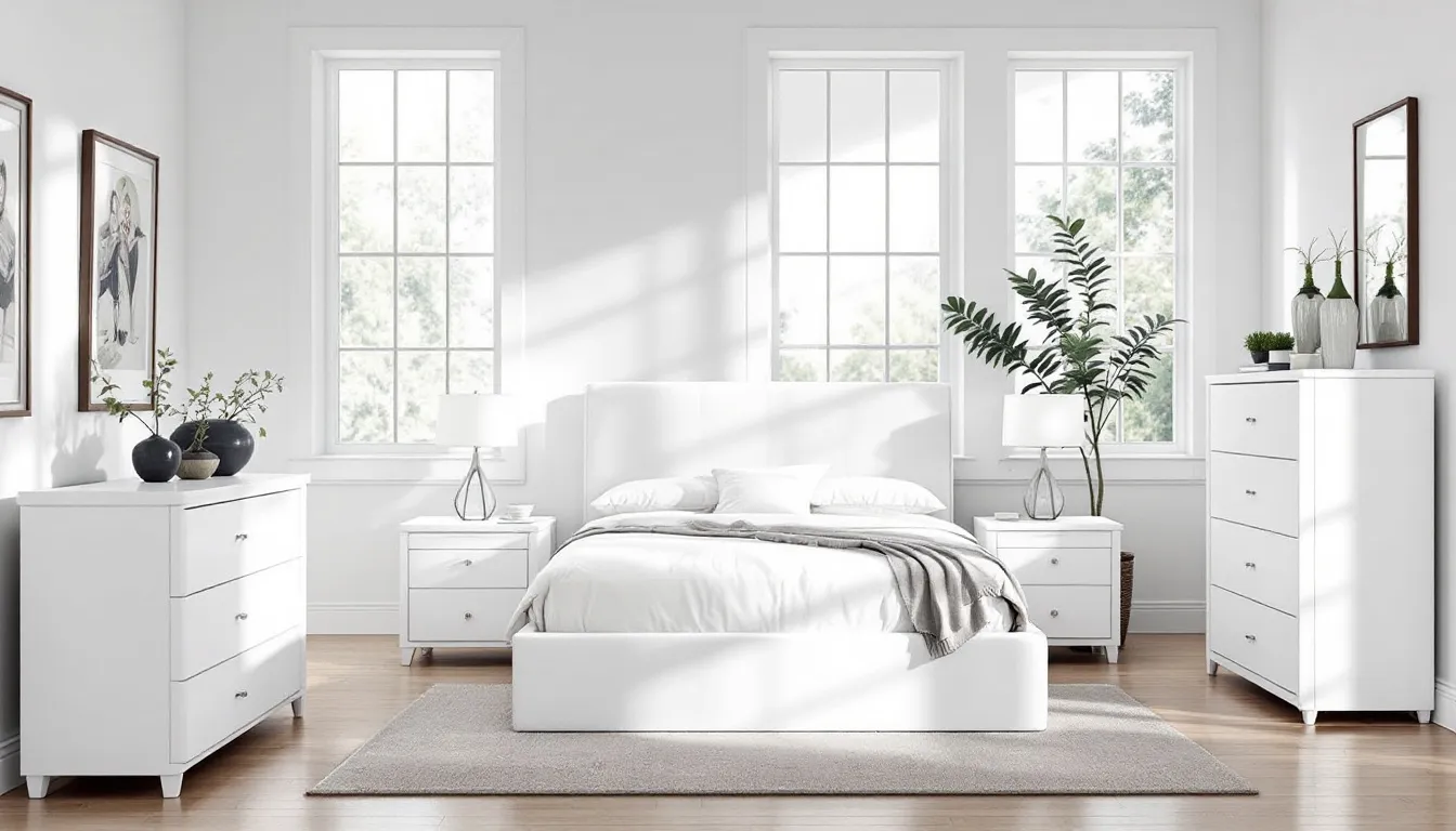 The image shows a modern white bedroom suite that includes a queen bed, matching bedside tables, and a tallboy dresser, all positioned in a bright and airy room. The stylish furniture creates a serene and inviting atmosphere, perfect for restful nights.