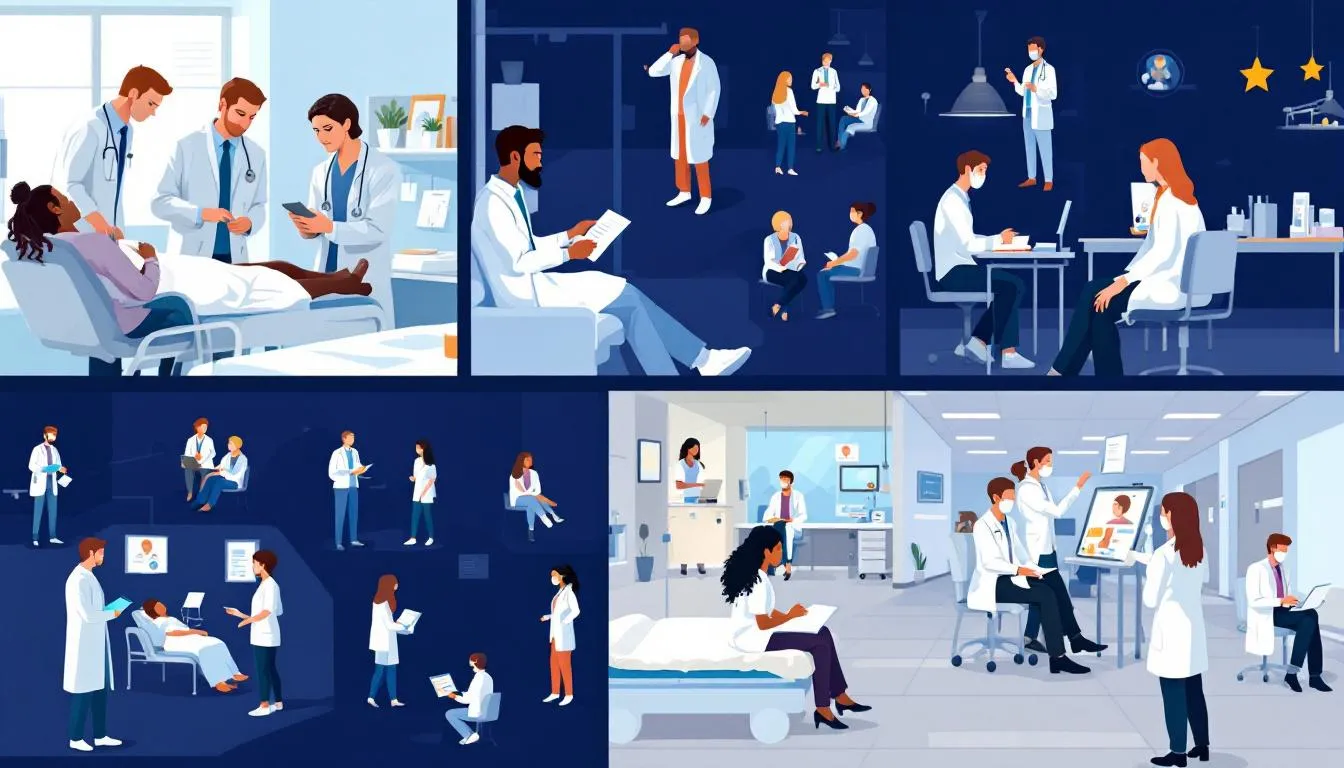 An overview of the US clinical experience, showcasing a diverse group of medical students engaged in patient care.