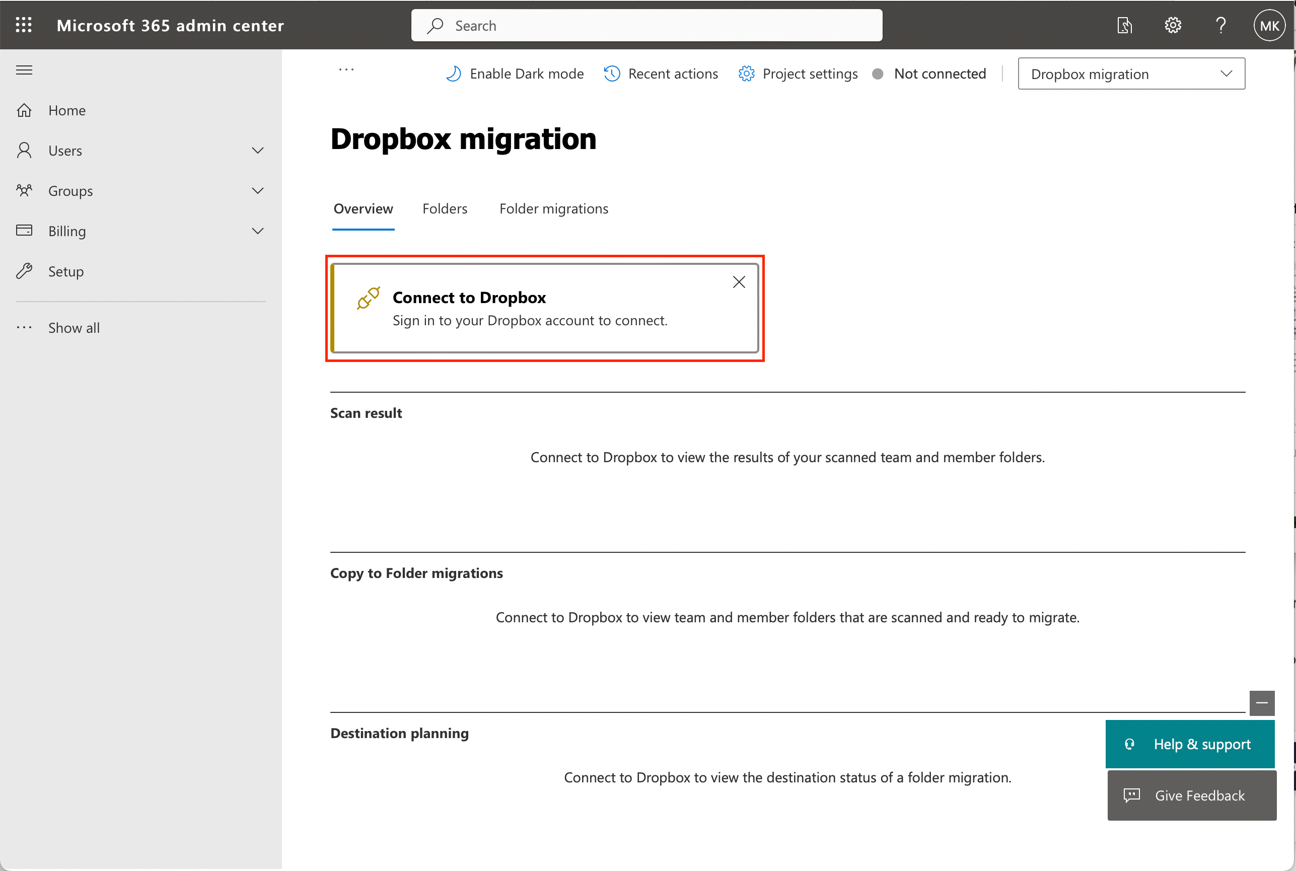 Connect dropbox to migration center