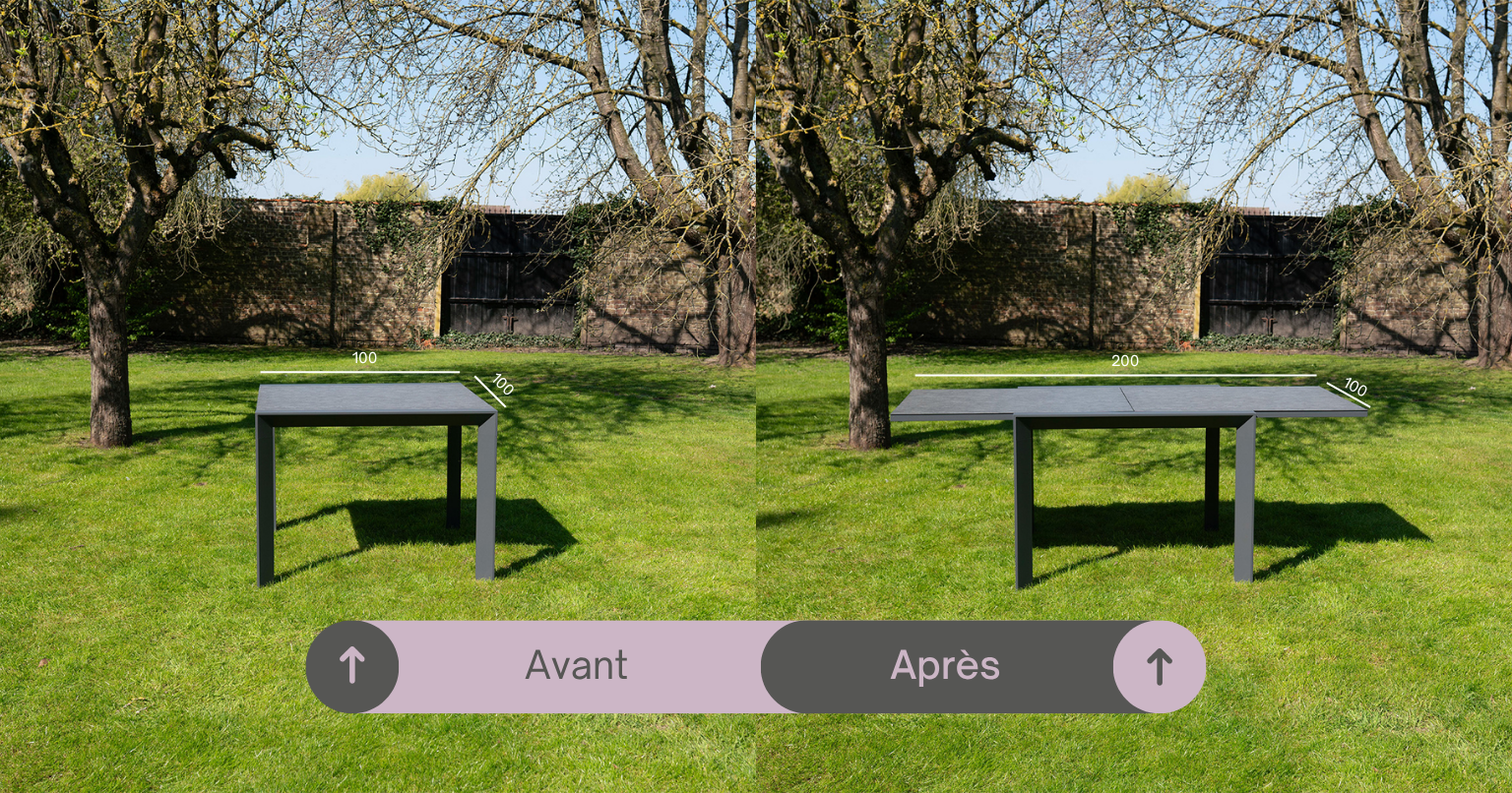 Table de jardin MODULO en aluminium, extensible de 4 à 8 personnes, idéale pour adapter son espace repas aux repas en famille et entre amis.