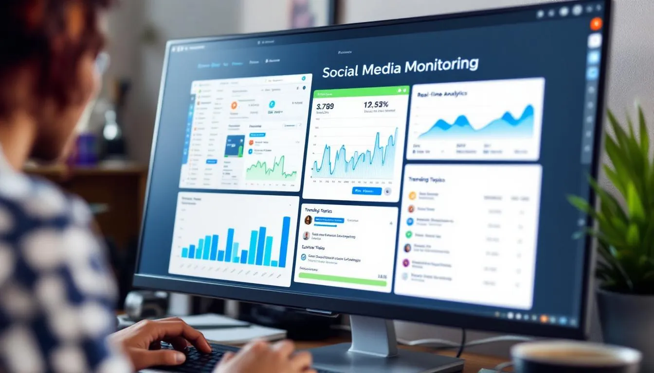 Ekran komputera przedstawia dashboard monitorowania mediów społecznościowych, na którym widoczne są różne wskaźniki dotyczące wzmiankowania marki, w tym pozytywne, negatywne i neutralne wzmianki, co pozwala na analizę reputacji twojej marki w internecie. Narzędzie to jest kluczowe dla budowania pozytywnego wizerunku marki oraz zwiększenia jej rozpoznawalności w mediach społecznościowych.
