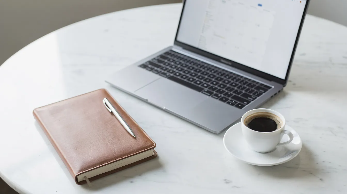 A leather notebook, open laptop, and espresso cup on a white marble table.