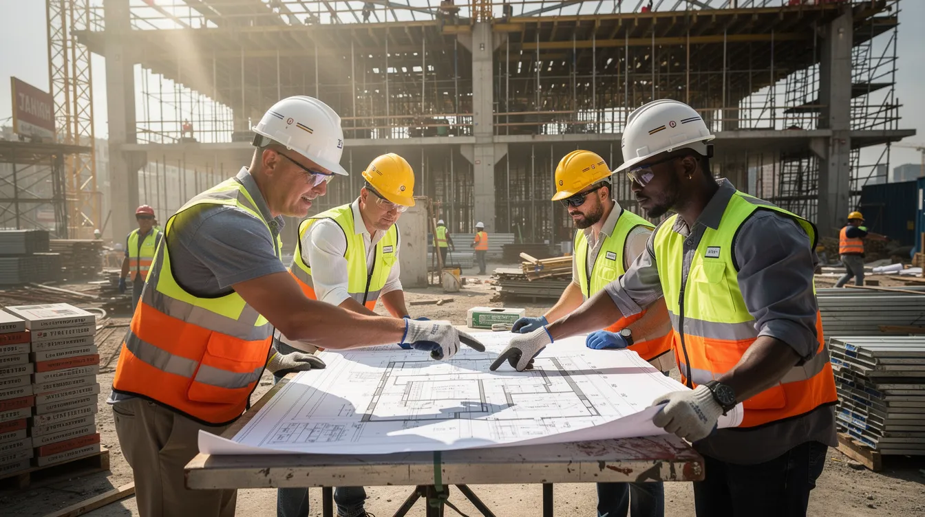 A group of construction workers wearing hard hats and safety vests are gathered on a commercial jobsite, intently reviewing plans and discussing their upcoming projects. This scene highlights the collaborative efforts within the construction industry, emphasizing workforce development and the importance of teamwork among contractors and builders in the Ohio Valley.