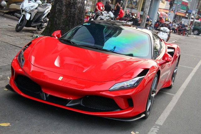 ferrari, f8, tributo, supercar, car, vehicle, automobile, automotive, transportation, red car, shiny car, luxury car, parked car, car front, auto, street, vietnam, saigon, car wallpapers, design