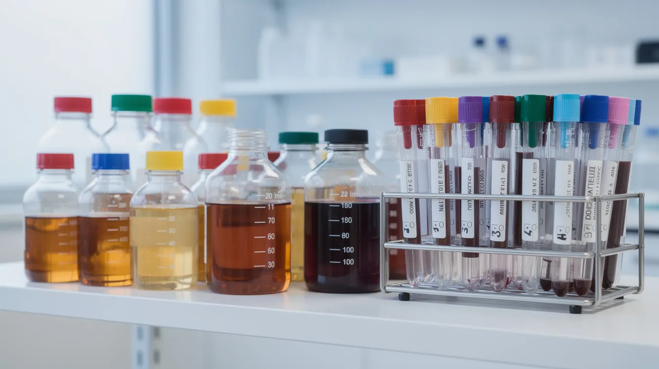 da5f0bac 7b70 4453 a79e d33286a48eb0 The image shows a neatly organized shelf in a diagnostic centre, filled with various medical laboratory supplies, including reagent bottles and sample collection tubes. These essential items are crucial for medical testing and are part of the operational expenses for setting up a new diagnostic laboratory.