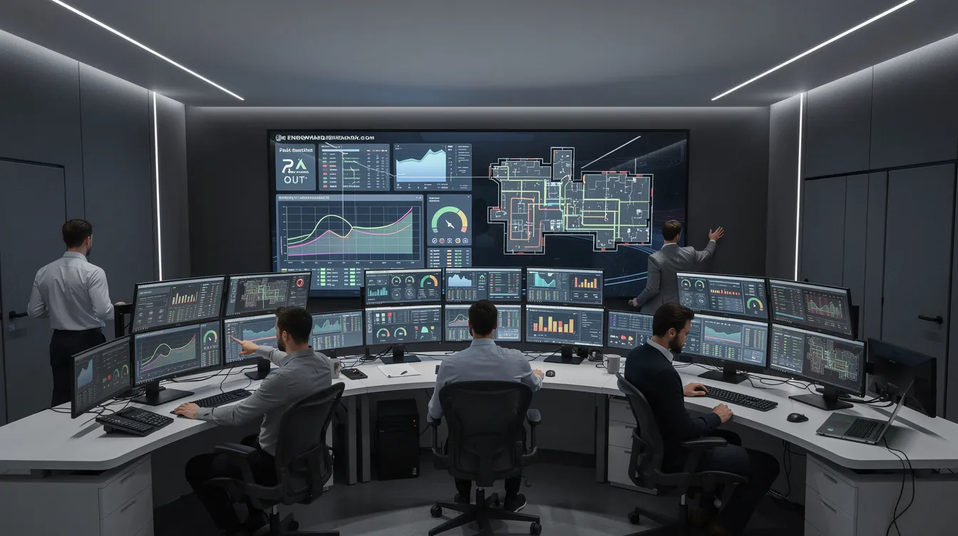 The image depicts a building automation control room filled with multiple monitoring screens that showcase real-time energy data, highlighting energy efficiency projects and energy management solutions. This setup emphasizes the importance of saving energy and reducing operating costs in commercial buildings.
