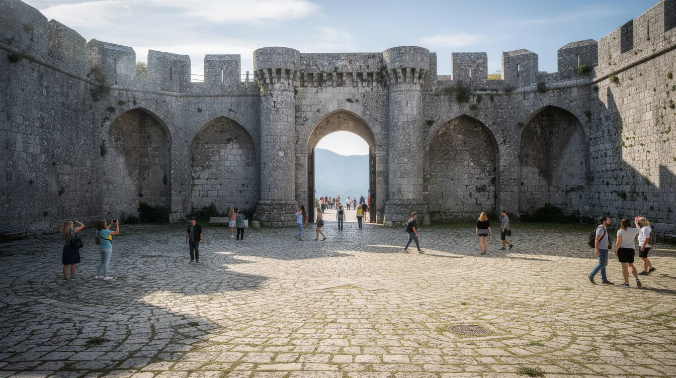 The image depicts ancient stone walls and arched gates surrounding a large courtyard, where people are walking, reminiscent of the temple precincts of the second temple period in Jerusalem. This scene evokes the rich Jewish tradition and religious life that flourished in ancient Israel, highlighting the sacred space that once served as a focal point for Jewish worship and community gatherings.