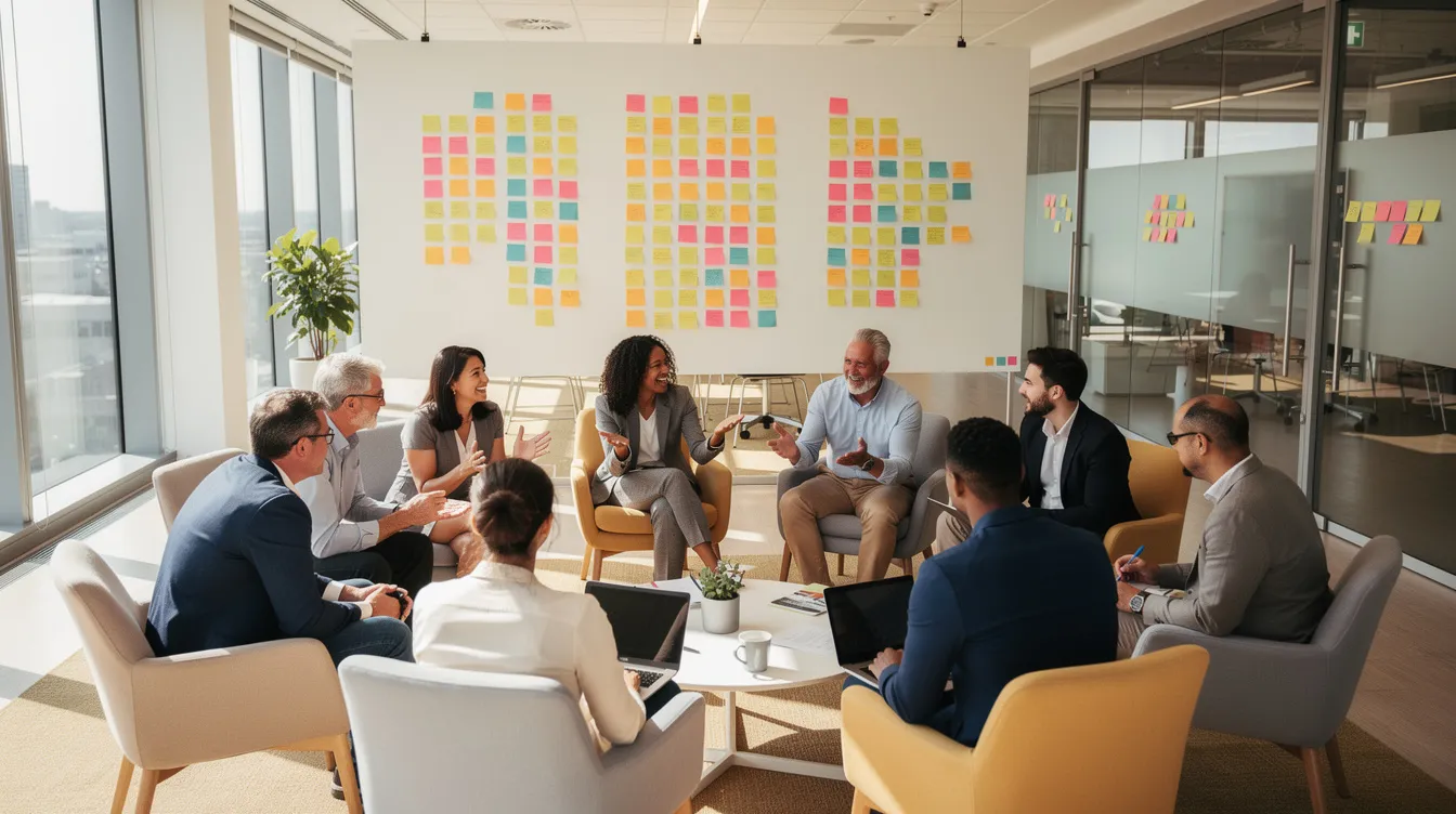 Une équipe diverse est assise en cercle dans un espace de travail lumineux, engagée dans une discussion animée, entourée de post-its colorés sur un mur. Cette scène illustre la collaboration générative et l'intelligence collective au sein d'un groupe, favorisant des échanges créatifs et des prises de décision efficaces.
