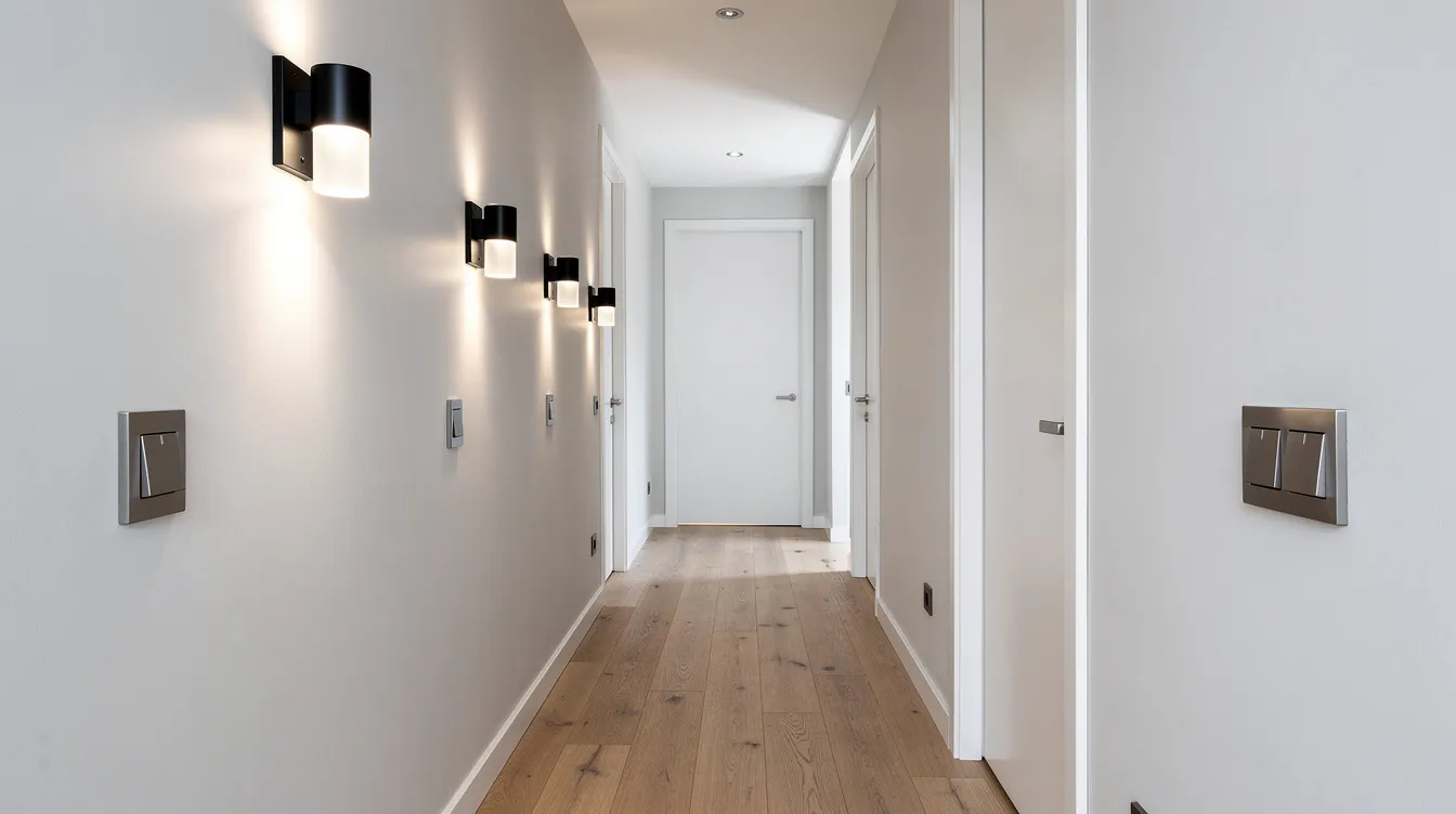 Een moderne gang met stijlvolle wandlampen en verschillende schakelaars, waaronder een tweede wisselschakelaar en een kruisschakelaar. De verlichting is ontworpen om een praktische oplossing te bieden voor het bedienen van één lamp vanuit meerdere plekken.