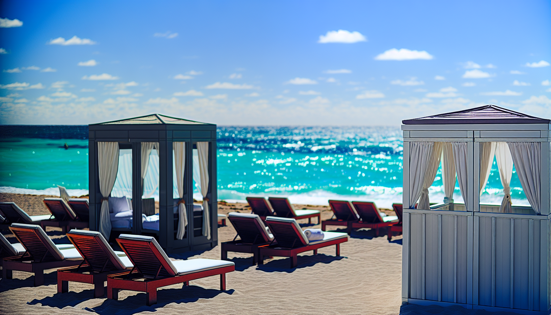 Luxurious beachfront view with beach chairs and private cabanas at Ritz Carlton Fort Lauderdale