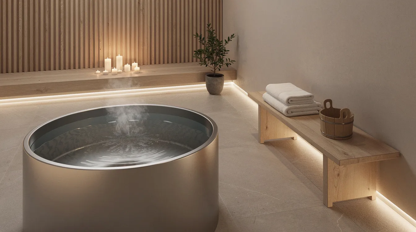 The image depicts a serene home spa setup featuring a cold plunge tub surrounded by warm lighting and a wooden bench, creating a relaxing atmosphere for cold exposure therapy. This inviting space highlights the benefits of a DIY cold plunge, perfect for reducing inflammation and enhancing wellness.