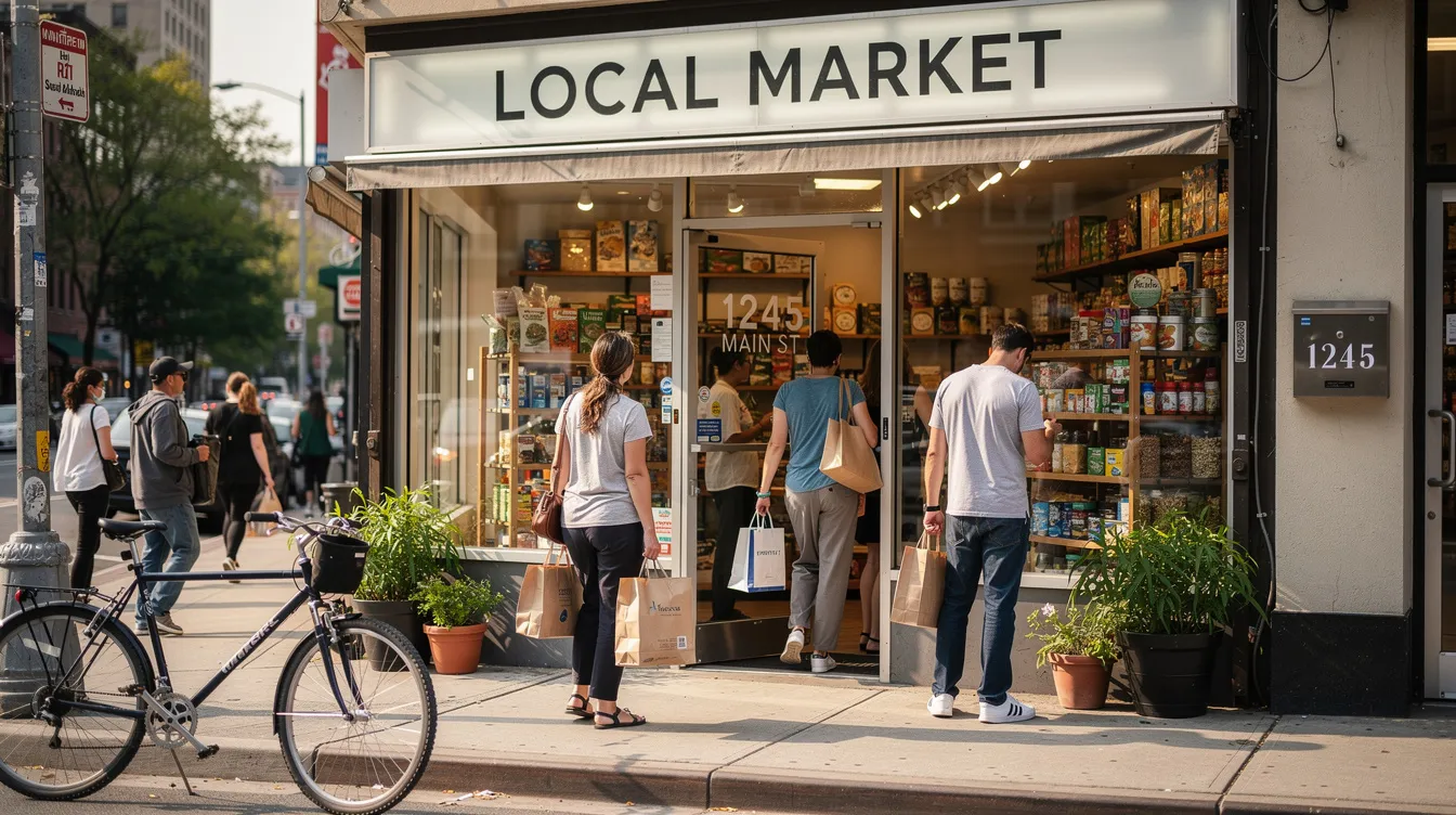 The image depicts a bustling local storefront with several customers entering, showcasing a vibrant shopping atmosphere. The street address is clearly visible, indicating the location of this small business, which may benefit from local SEO strategies to enhance its online visibility and attract more foot traffic.