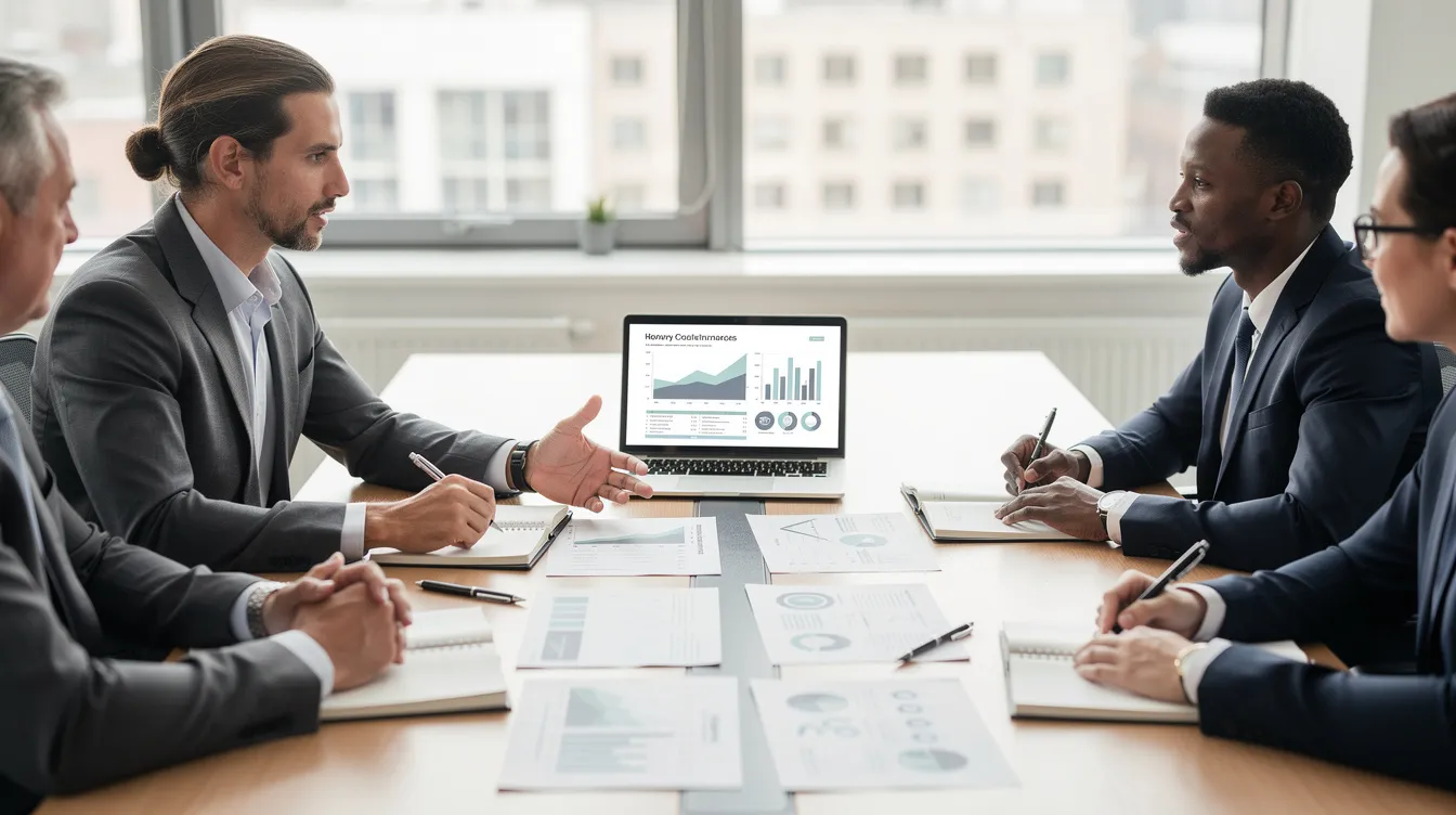 The image depicts a professional meeting at a desk, featuring a laptop and various documents related to family law, including a California divorce form. The individuals present appear to be discussing the responsibilities and steps involved in a court case, likely concerning divorce proceedings.