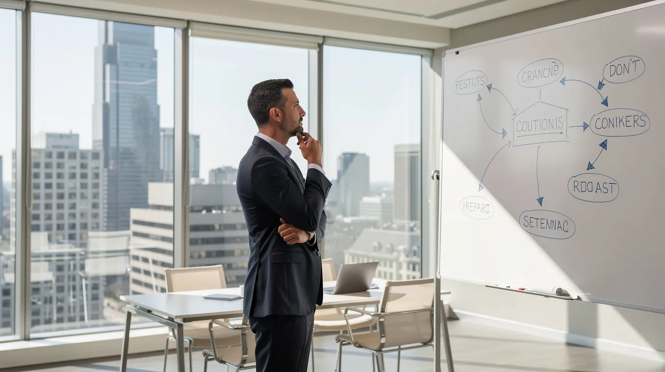 Un manager se tient debout dans un bureau moderne, devant un tableau blanc, réfléchissant à des stratégies de développement des compétences managériales. La grande baie vitrée offre une vue panoramique sur la ville, symbolisant le contexte dynamique de son rôle en entreprise.