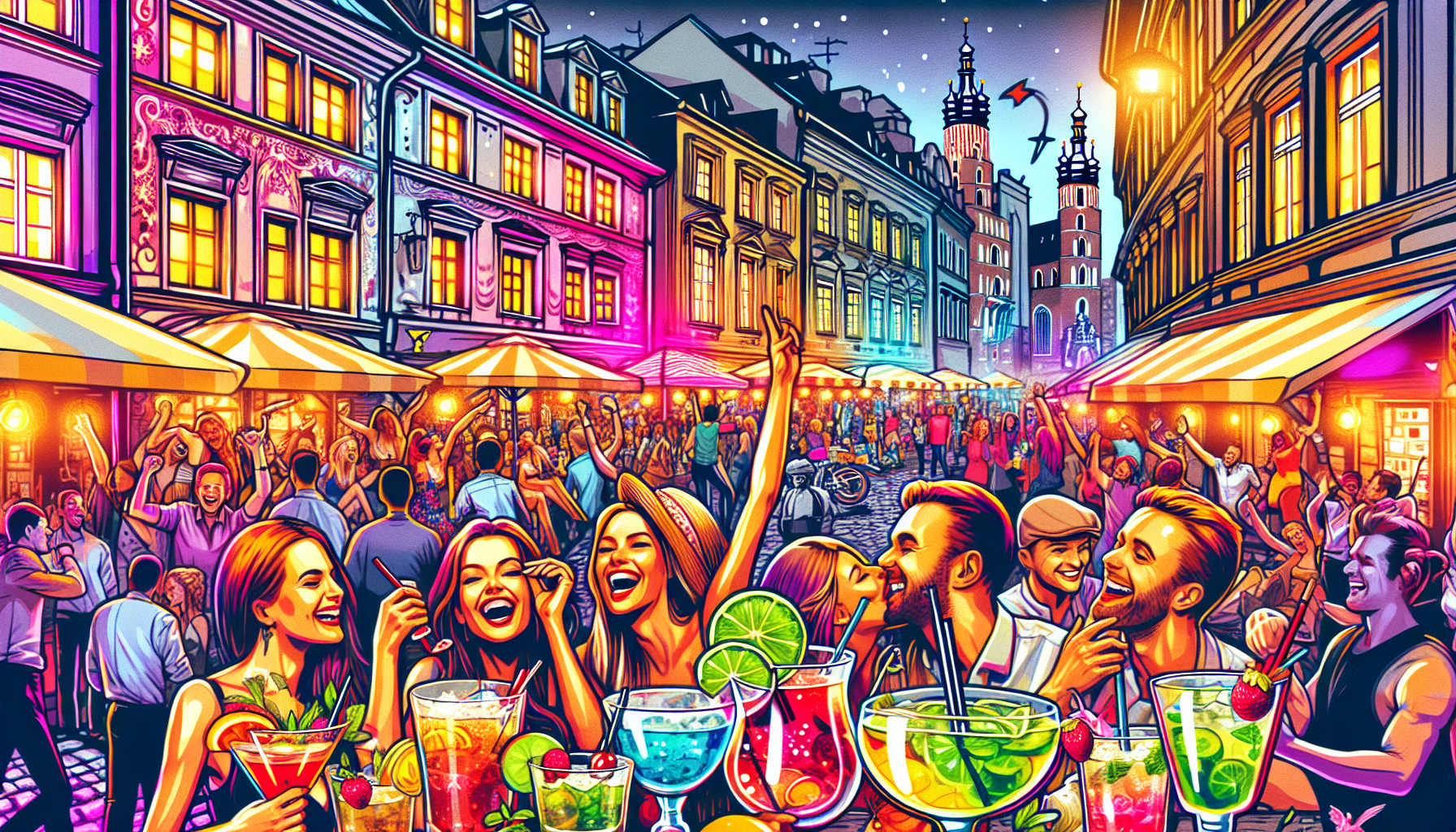 An artistic depiction of the best nightlife options in Krakow, showcasing bars and clubs.