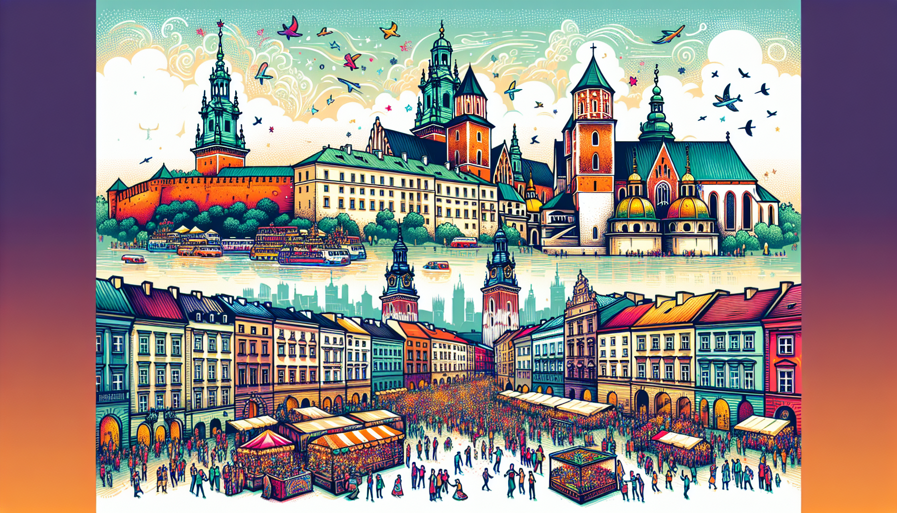 An overview illustration of Krakow, showcasing its historical architecture and vibrant atmosphere.