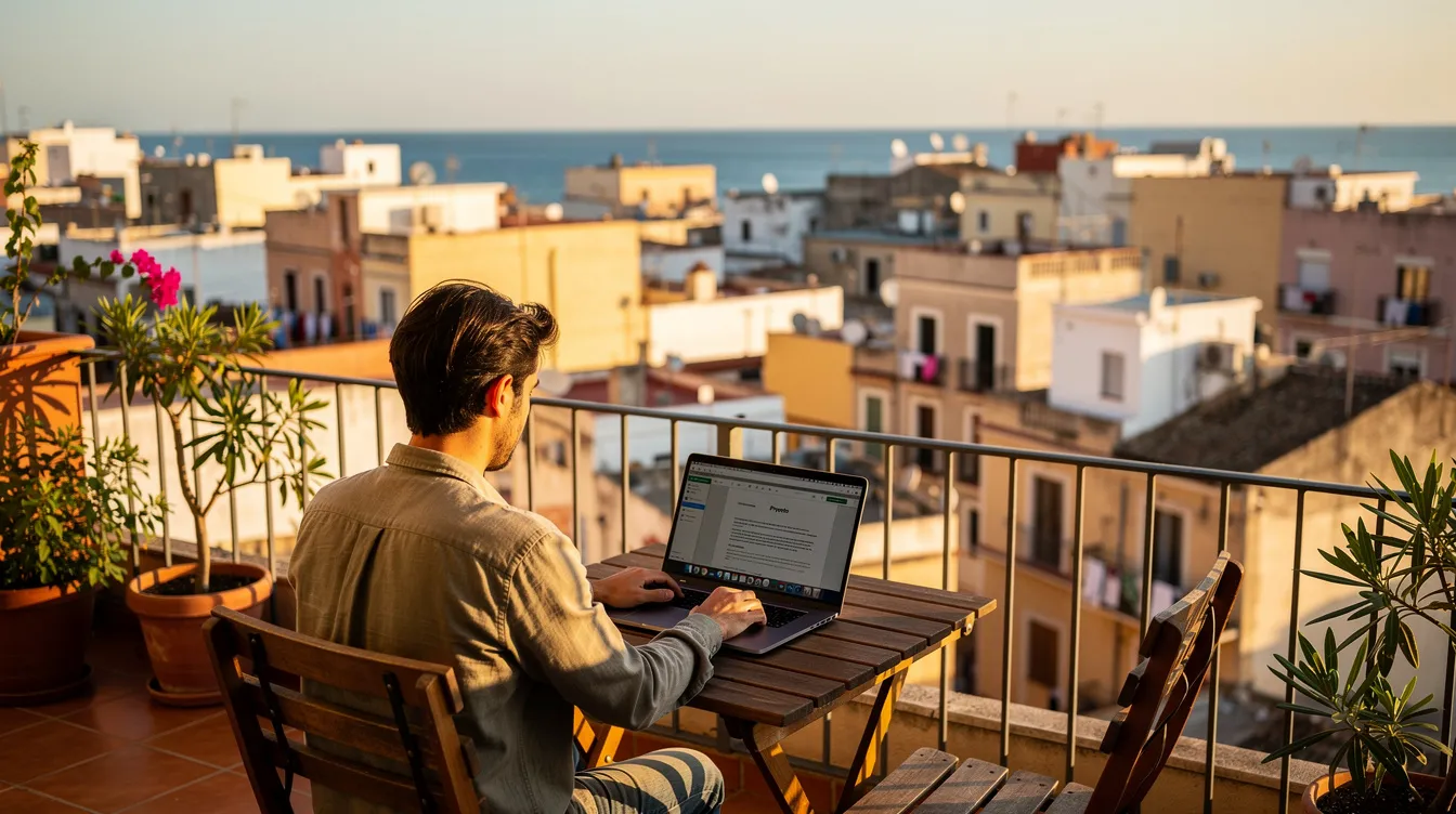 Una persona trabaja en una laptop desde una terraza que ofrece una vista panorámica de una ciudad mediterránea, rodeada de edificios y vegetación. La imagen evoca un ambiente relajado y productivo, ideal para realizar estudios o gestionar trámites como la obtención de una visa para España.