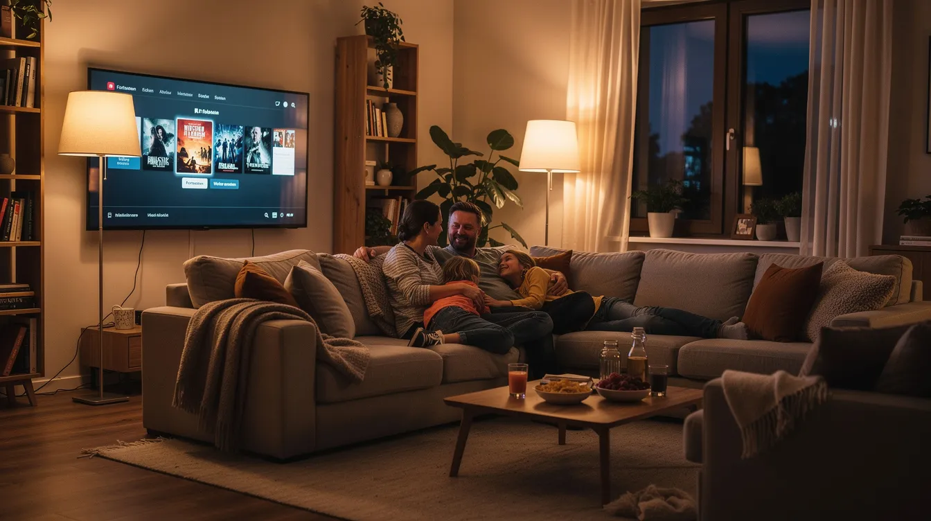 In einem gemütlichen Wohnzimmer sitzt eine Familie zusammen auf einem Sofa und schaut abends Inhalte auf einem großen Fernseher, der mit Streaming-Diensten verbunden ist. Der Smart TV zeigt eine Auswahl an Filmen und Serien, die sie gemeinsam genießen, während sie sich über das Streaming-Erlebnis austauschen.
