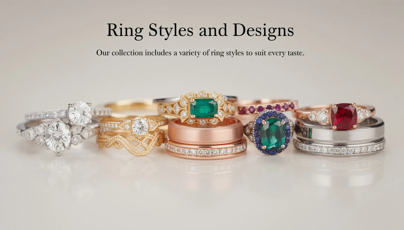 The image showcases a diverse collection of ring styles, including classic solitaires and intricate designs, perfect for Valentine's Day gifts. Each ring is crafted with attention to detail, featuring sparkling diamonds and gold accents that appeal to various tastes.