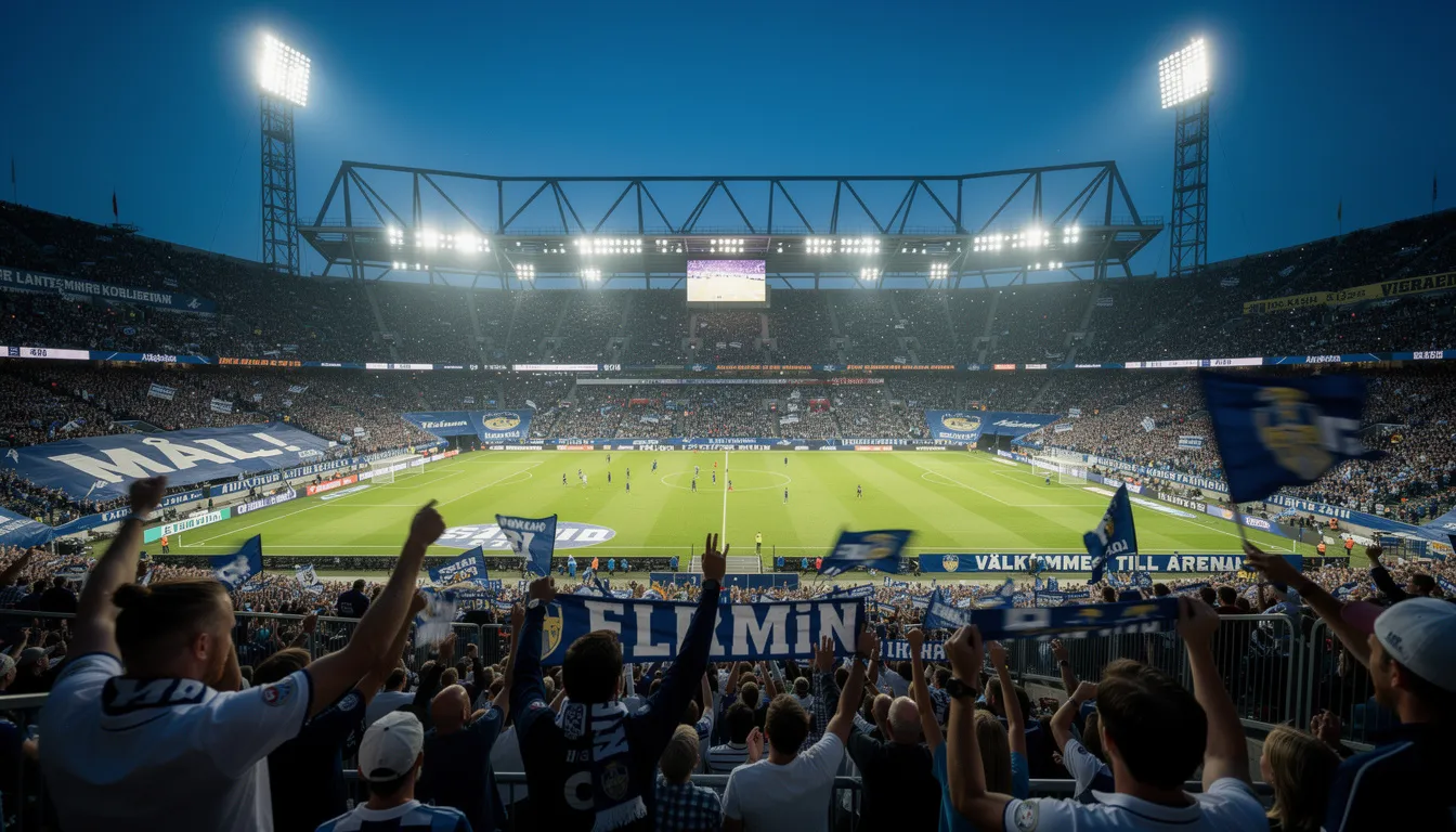 En fotbollsarena är fylld med entusiastiska åskådare som hejar på sina lag under en spännande kvällsmatch. Stämningen är elektrisk, med ljus som lyser upp planen och ljudet av jubel och sång som ekar genom arenan.