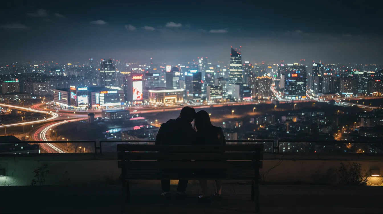 Die Silhouetten zweier Menschen sitzen auf einer Bank und genießen den Panoramablick auf eine erleuchtete Großstadt bei Nacht, während die Atmosphäre an den Jazz-Musical-Stil von "La La Land" erinnert. Die Szene strahlt eine romantische Stimmung aus, die an die Liebe und Träume in der Stadt der Sterne erinnert.