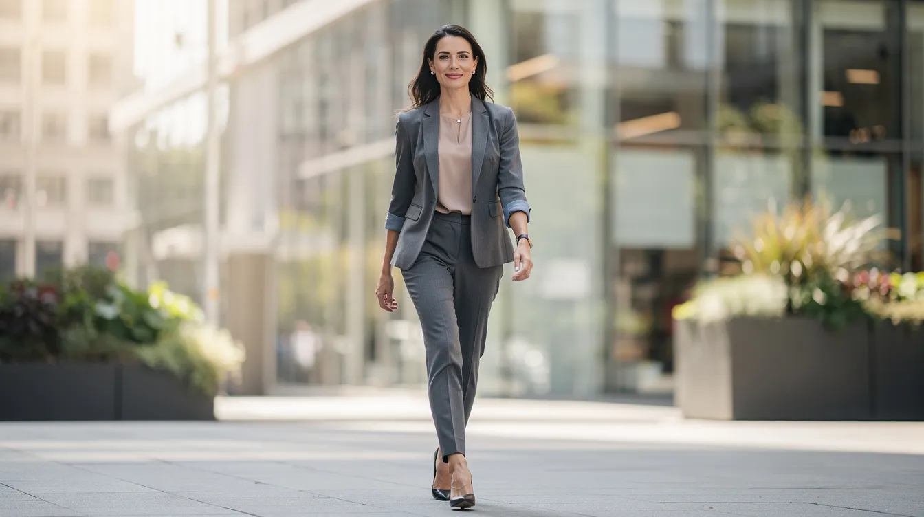 A professional woman strides confidently through an urban environment, embodying an active lifestyle and showcasing the benefits of a liquid BBL or non-surgical butt lift, which offers minimal recovery time after cosmetic procedures. Her posture reflects empowerment and the natural-looking results achievable through minimally invasive treatments.