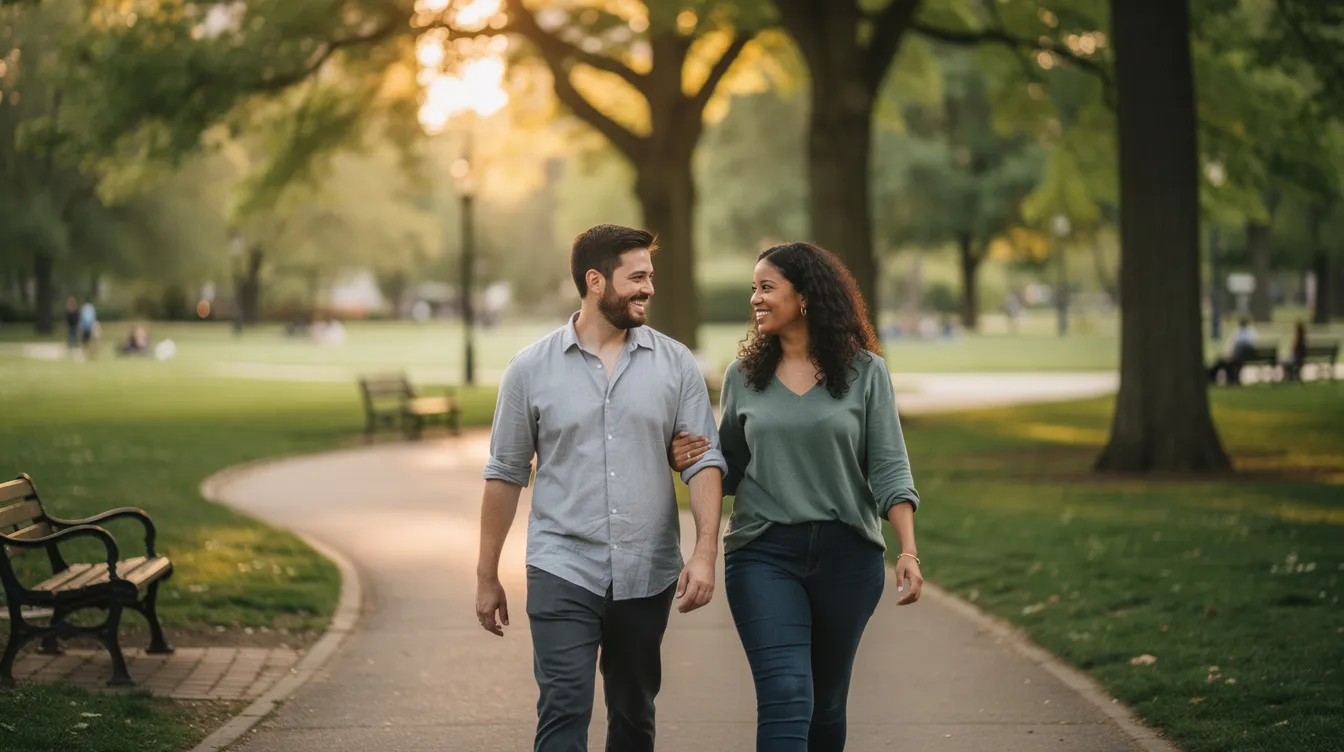 What Is Consent? A Clear Guide to Sexual Consent, Communication, and Safety 4 - Consent Culture The image depicts two people walking together in a park, enjoying each other's company and appearing relaxed, which reflects a positive and consensual relationship. Their body language suggests comfort and mutual respect, highlighting the importance of consent in any relationship.