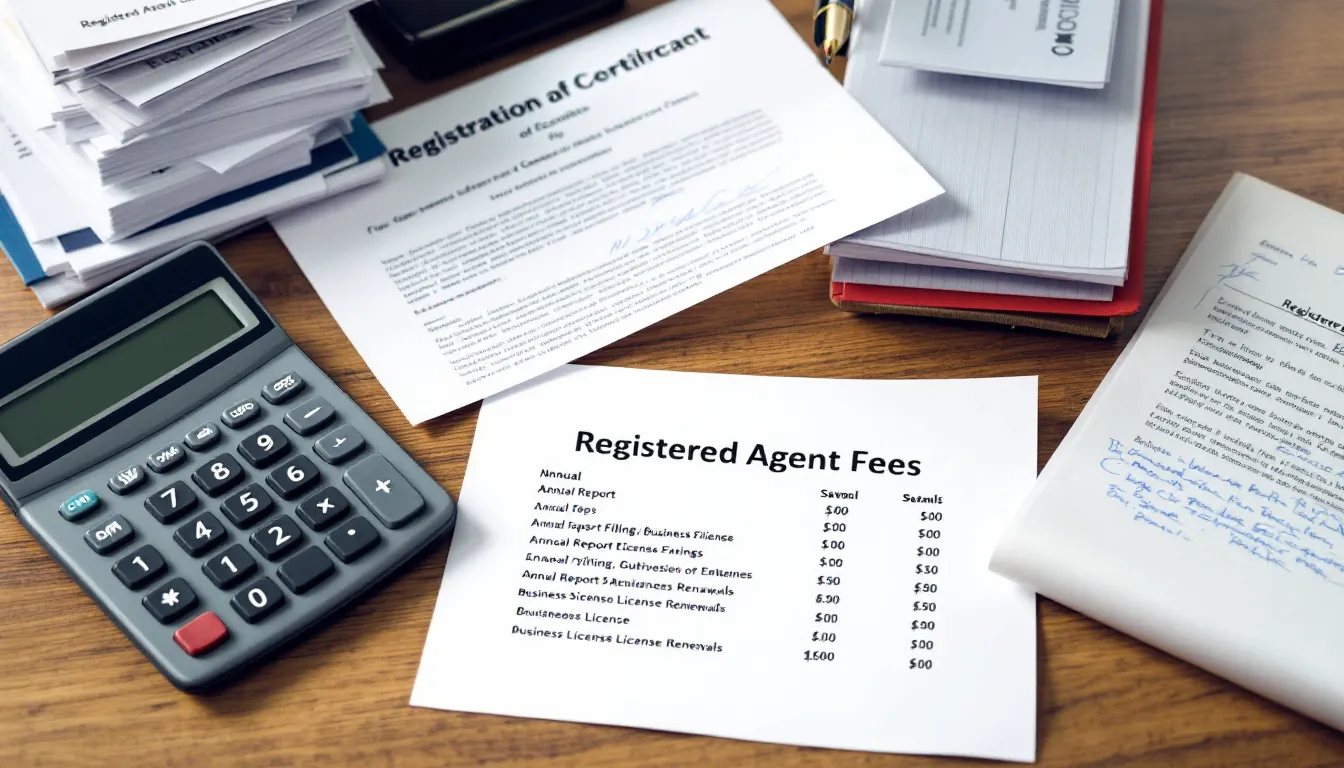 A visual of a calculator and financial documents illustrating the costs involved in hiring a registered agent service.