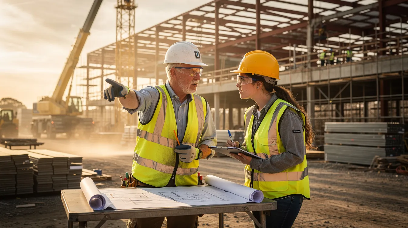 An experienced female construction worker is mentoring a younger female apprentice on a commercial building site, showcasing the importance of women's involvement in the construction industry and supporting career advancement through registered apprenticeship programs. This scene highlights the commitment to building successful careers for women in trades and the ongoing effort to attract more women to the workforce.