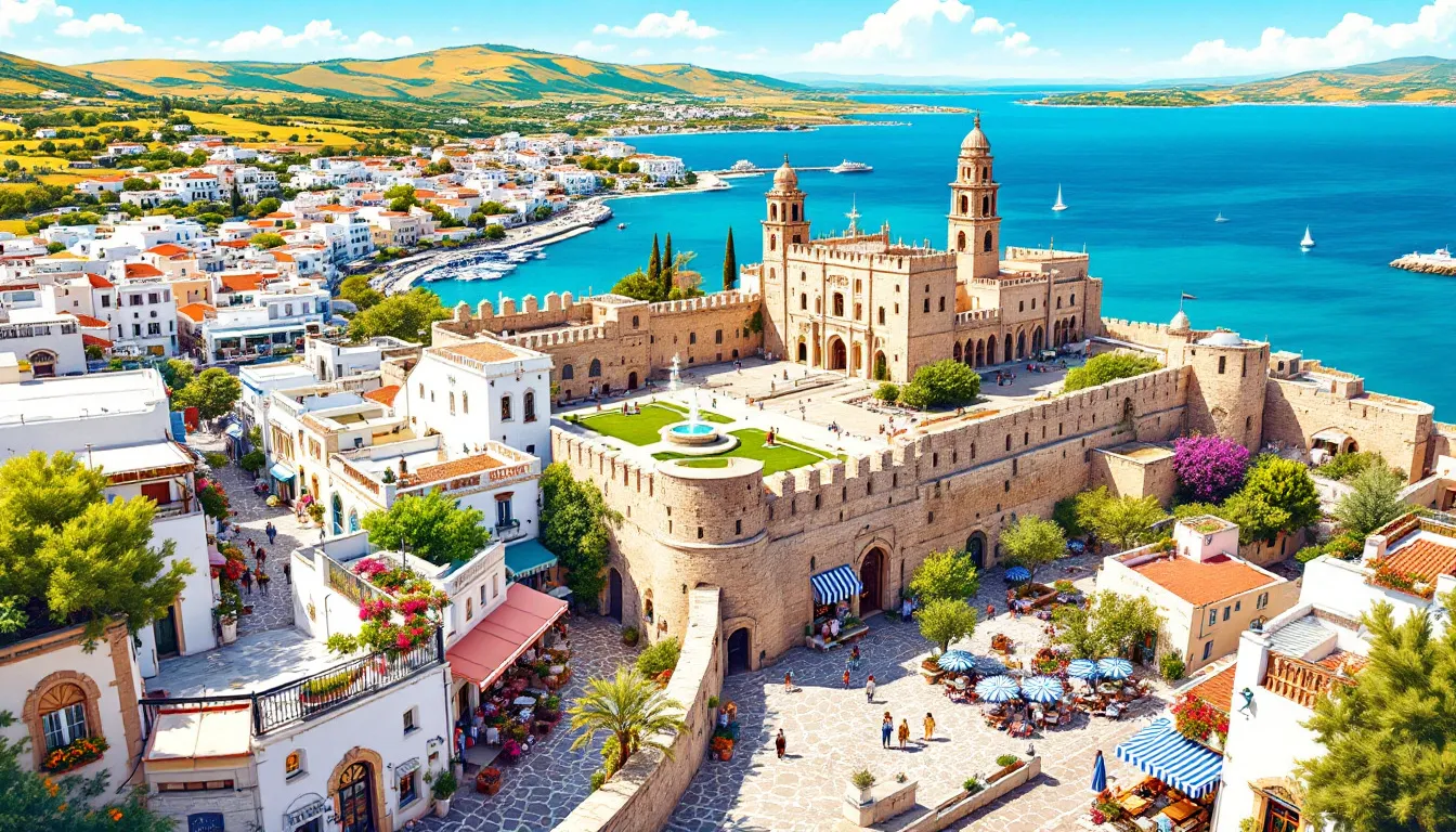 Widok na miasto Rodos z lotu ptaka, z pięknym starym miastem otoczonym murami.