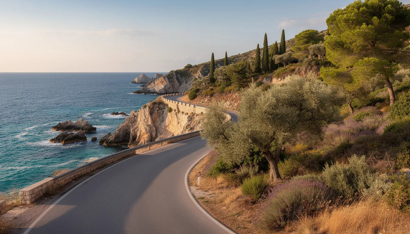 Une route sinueuse longe la mer Adriatique, entourée de végétation méditerranéenne luxuriante. Ce paysage invite au voyage en voiture en Croatie, parfait pour découvrir des villes comme Dubrovnik et Split tout en profitant de la beauté de la côte.