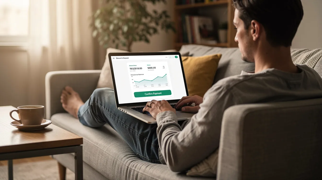 A person is sitting comfortably on a couch, focused on their laptop as they complete an online financial transaction, possibly involving international money transfers. A coffee cup rests nearby, adding to the cozy atmosphere of this home workspace.
