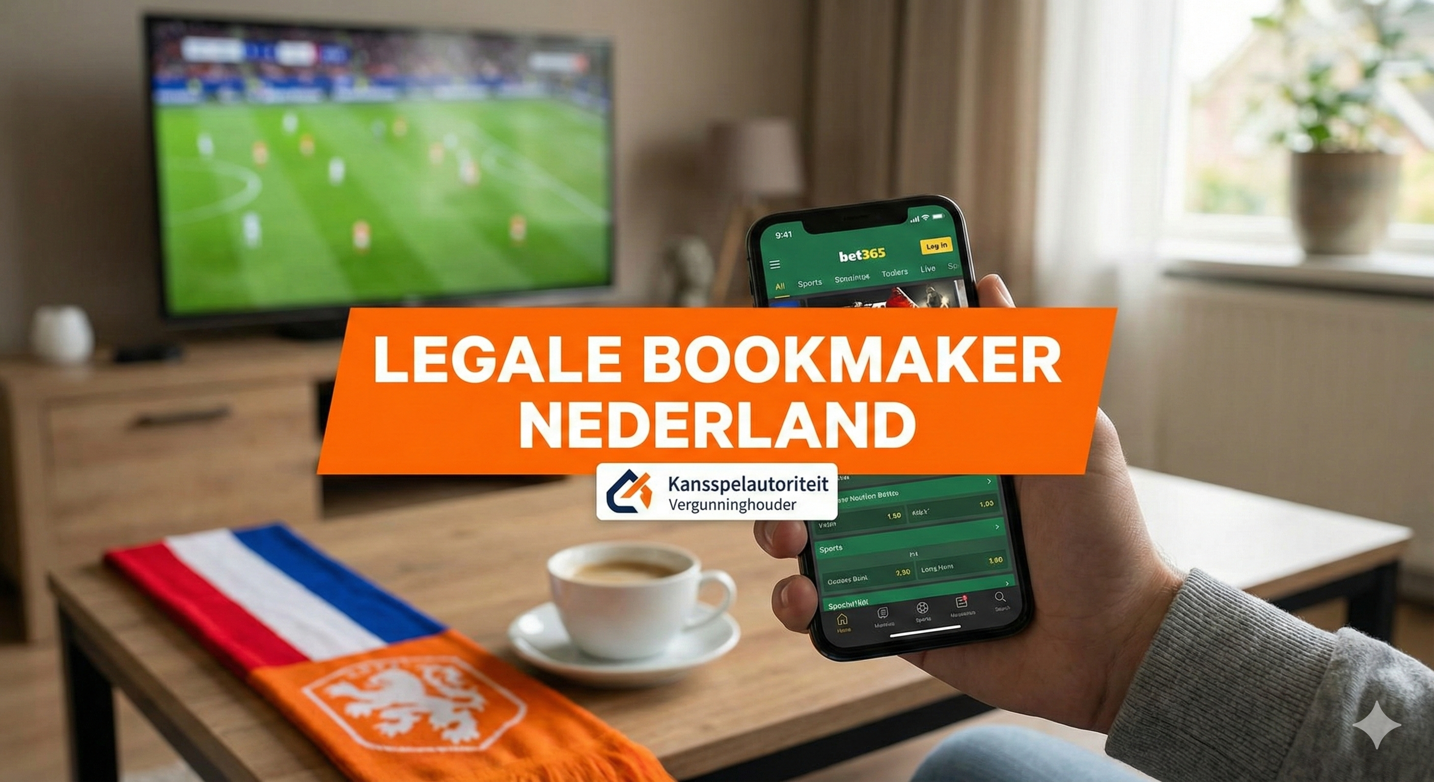 Hand houdt smartphone met bet365-app terwijl een voetbalwedstrijd op tv te zien is, met de tekst “Legale bookmaker Nederland” en het logo van de Kansspelautoriteit.