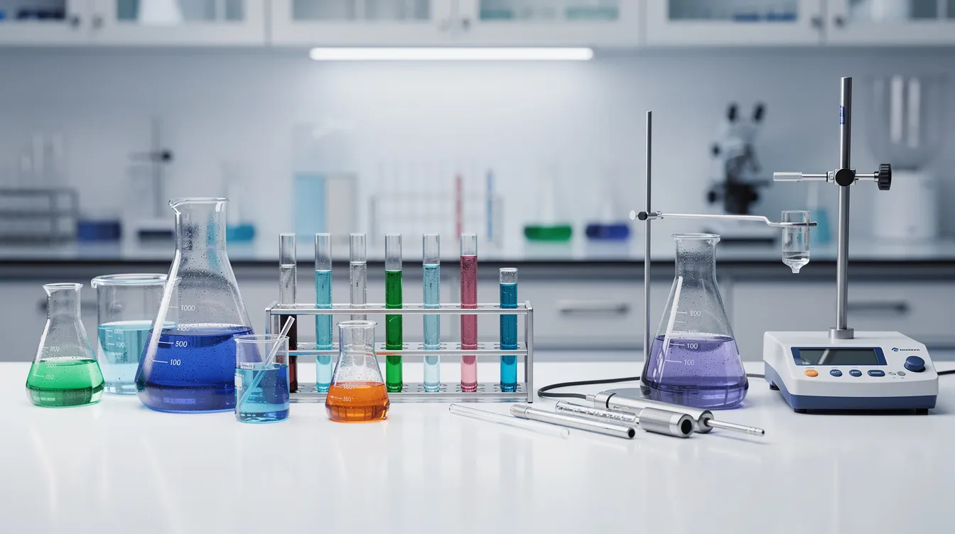 The image depicts a clean, sterile laboratory counter filled with various scientific lab equipment, including beakers and testing instruments, which are commonly used in research related to hemp products and their legal status under federal law. This setting highlights the meticulous nature of scientific inquiry into substances like THCA flower and its potential applications in medical cannabis.