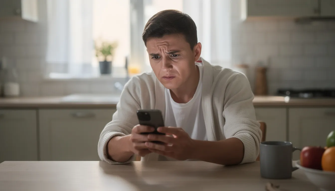 A person sitting at a kitchen table looks at their smartphone with a worried expression, possibly concerned about identity theft or a data breach affecting their personal and financial information. The scene suggests the importance of identity monitoring services to protect against potential threats to their online accounts and sensitive data.